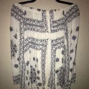 White and blue off the shoulder dress